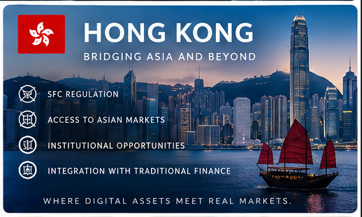 Hong Kong skyline and junk boat representing regulated access to Asian digital-asset markets