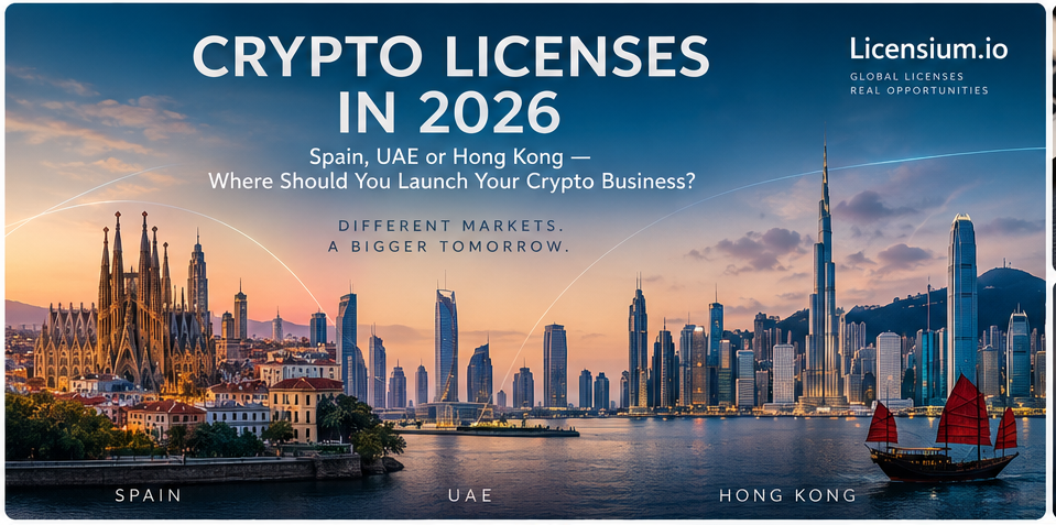 Crypto licenses in 2026 title card comparing Spain, the UAE and Hong Kong